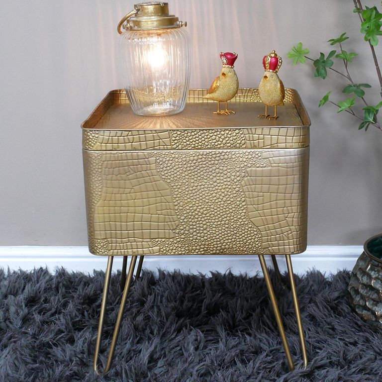 Side Table - Gold Metal - Storage - Hairpin Legs