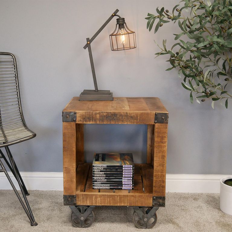Side Table - Industrial Mango Wood - Square - on Wheels