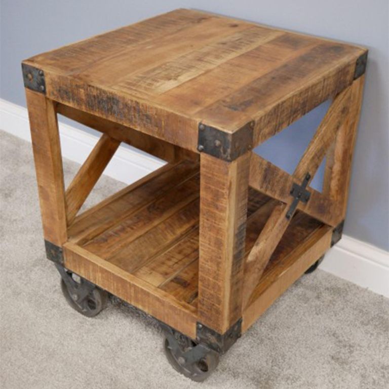 Side Table - Industrial Mango Wood - Square - on Wheels