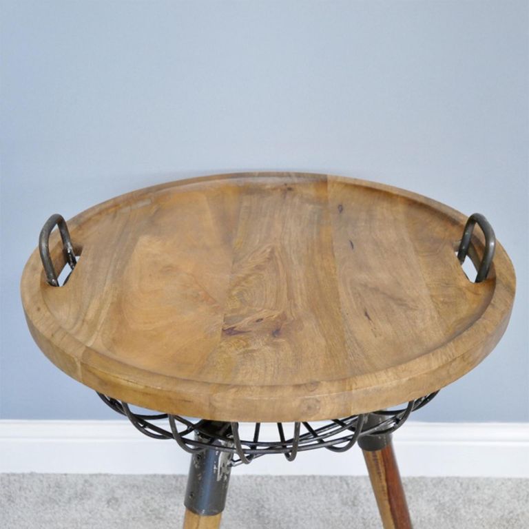 Side Table - Wood and Metal - Round - Basket Style