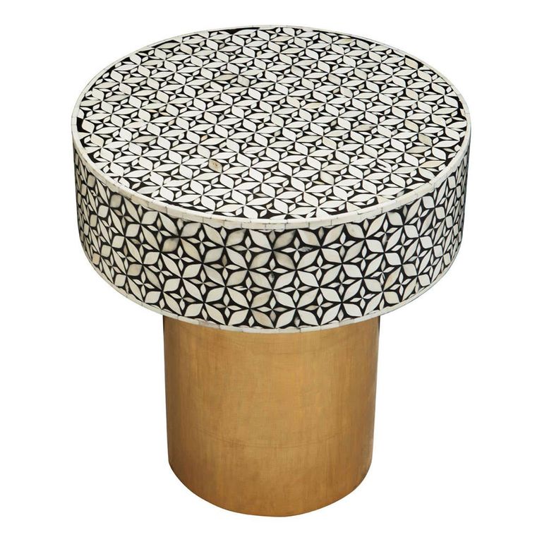 Fusion Side Table - Round - White Bone Inlay with Gold Base