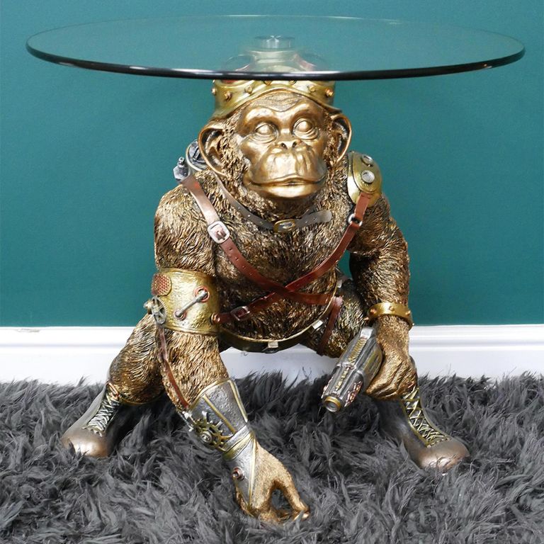 Side Table - Glass Round - Gold Monkey Base - Metal