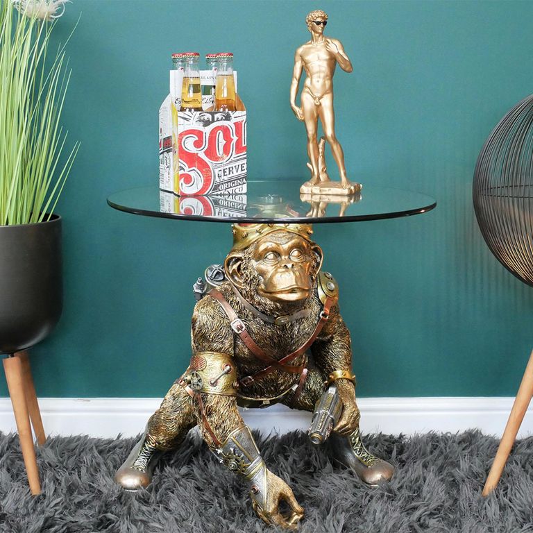 Side Table - Glass Round - Gold Monkey Base - Metal