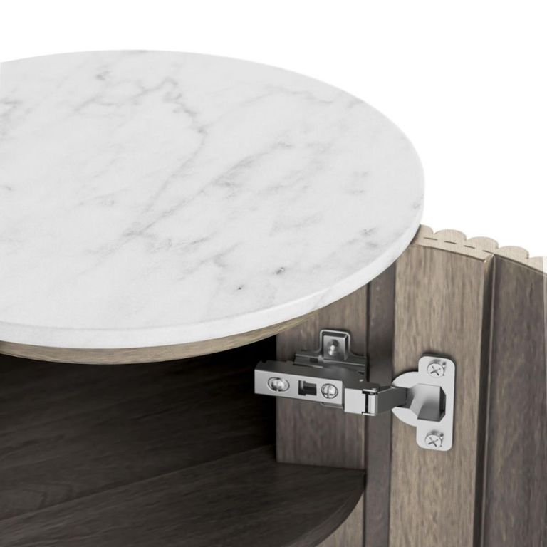 Isabella Grey Side Table - 1 Door Fluted Round - White Marble Top