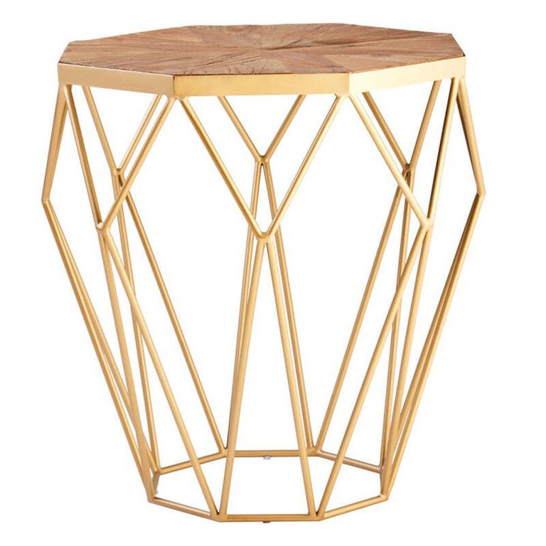Jodi Side Table - Octagonal - Elm Wood with Gold Metal