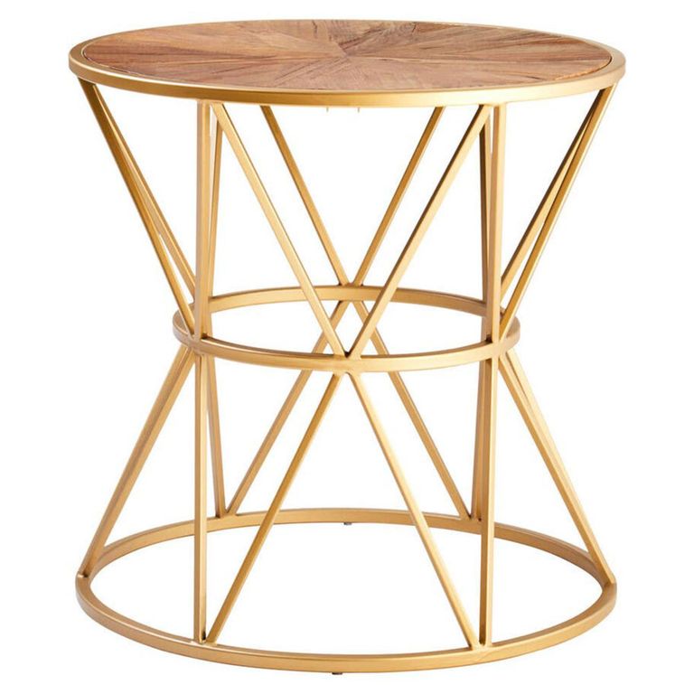 Jodi Side Table - Round - Elm Wood with Gold Metal