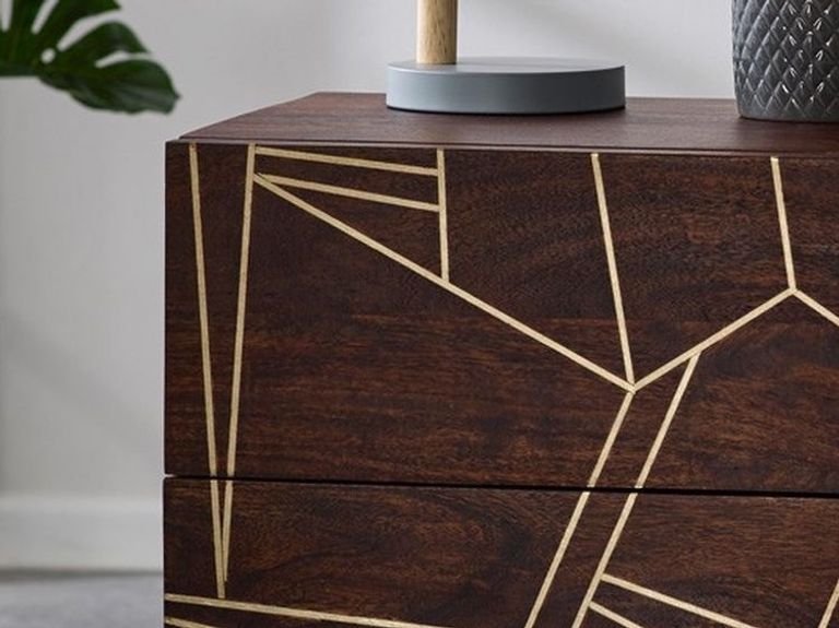 Kaza Dark Mango Wood 2 Drawer Side Table - Hairpin Legs with Gold Geometric Inlay