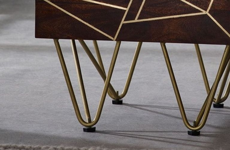 Kaza Dark Mango Wood 2 Drawer Side Table - Hairpin Legs with Gold Geometric Inlay