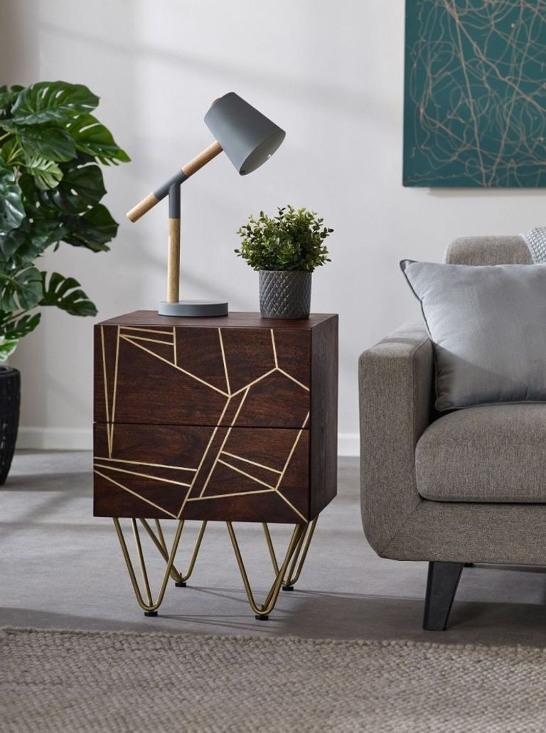 Kaza Dark Mango Wood 2 Drawer Side Table - Hairpin Legs with Gold Geometric Inlay