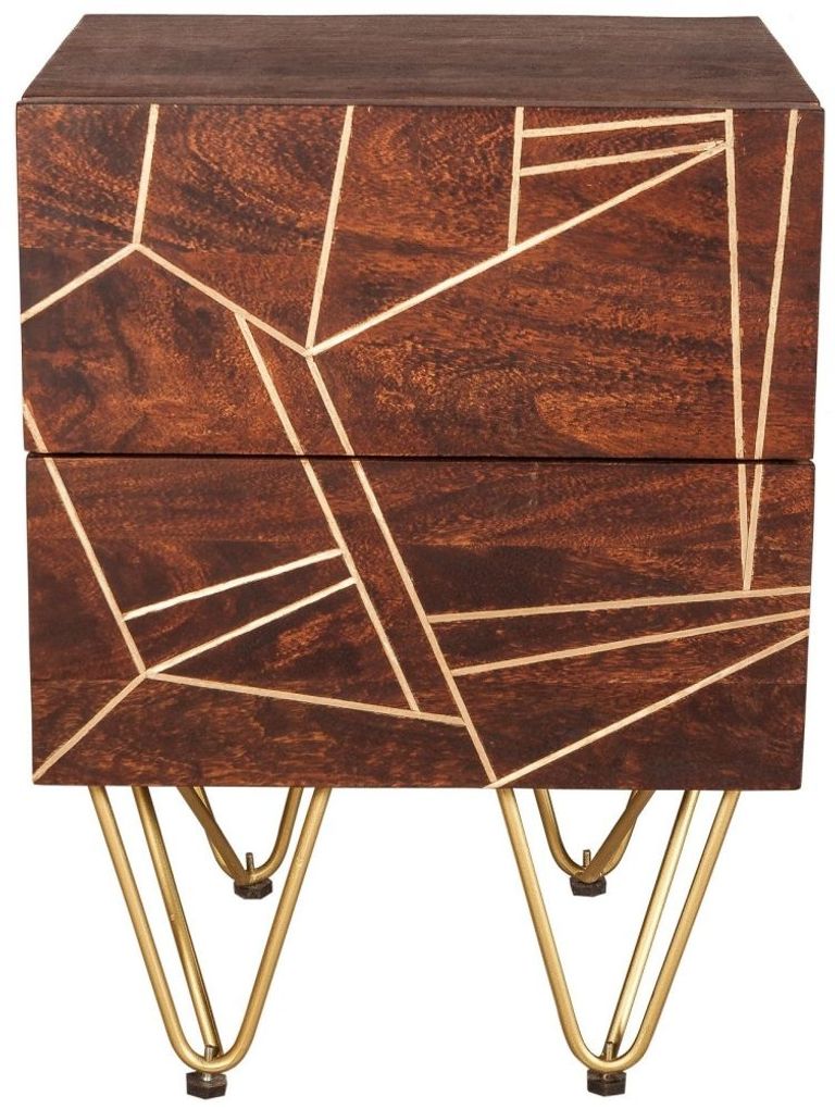 Kaza Dark Mango Wood 2 Drawer Side Table - Hairpin Legs with Gold Geometric Inlay