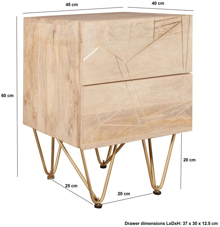 Kaza Light Mango Wood 2 Drawer Side Table - Hairpin Legs with Gold Geometric Inlay