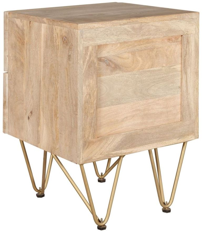 Kaza Light Mango Wood 2 Drawer Side Table - Hairpin Legs with Gold Geometric Inlay