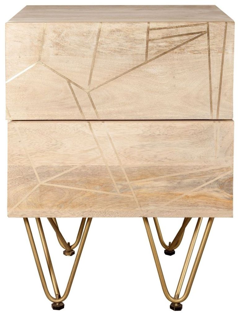 Kaza Light Mango Wood 2 Drawer Side Table - Hairpin Legs with Gold Geometric Inlay