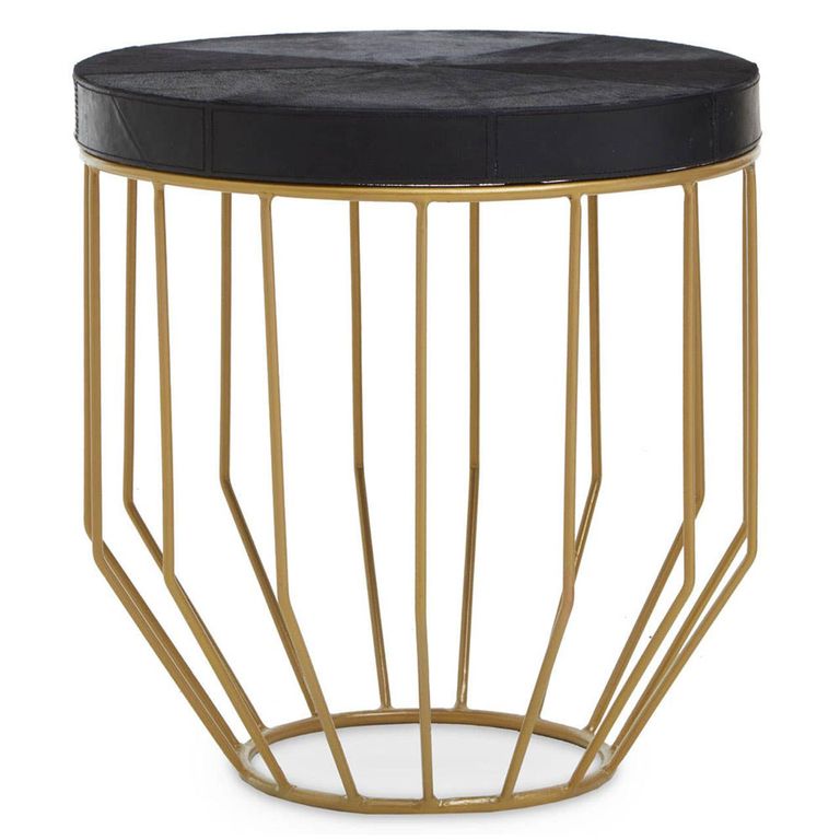 Kensington Townhouse Side Table - Round - Black Faux Fur with Gold Metal