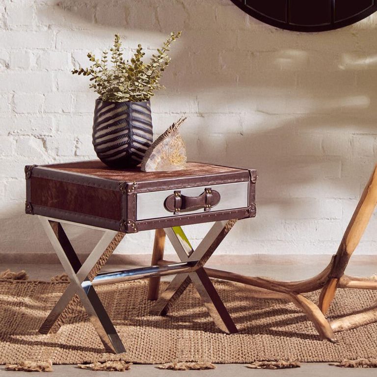 Kensington Townhouse Side Table - 1 Drawer - Brown and White Leather