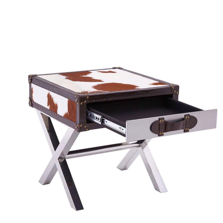 Kensington Townhouse Side Table - 1 Drawer - Brown and White Leather