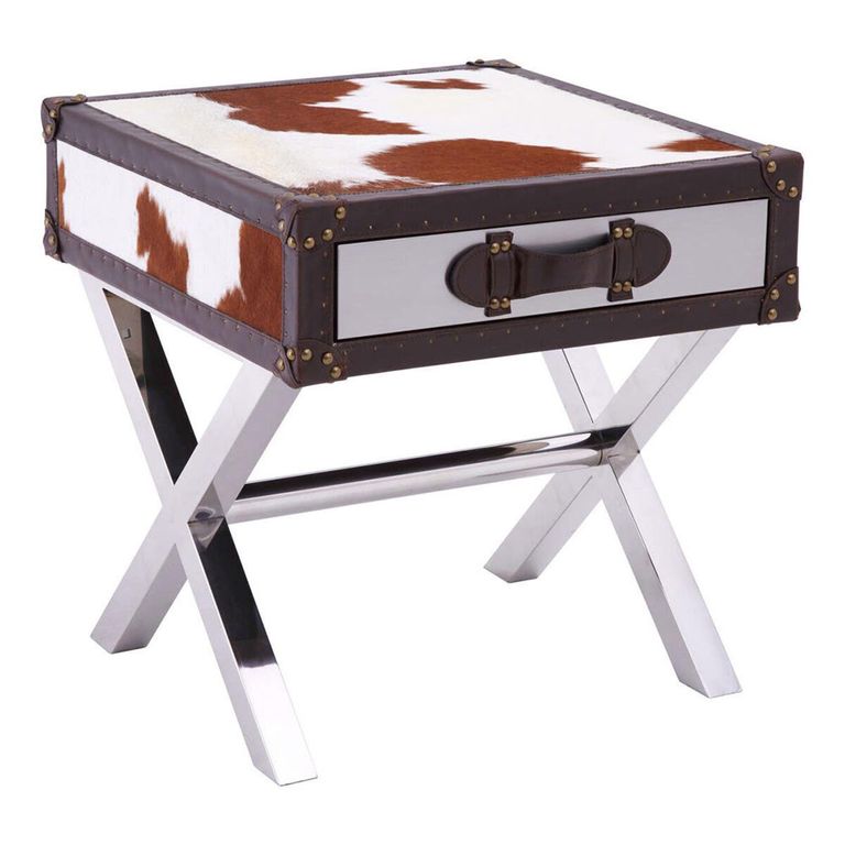 Kensington Townhouse Side Table - 1 Drawer - Brown and White Leather