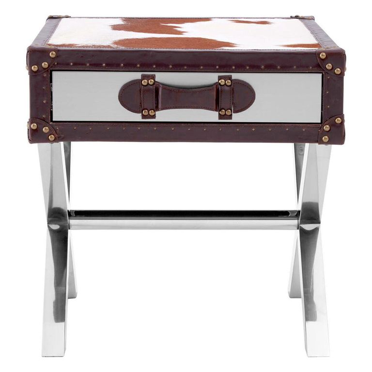 Kensington Townhouse Side Table - 1 Drawer - Brown and White Leather