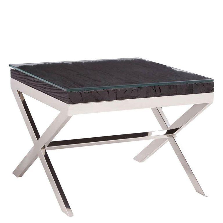 Kerala End Table - Square - Black Glass with Silver Cross Base