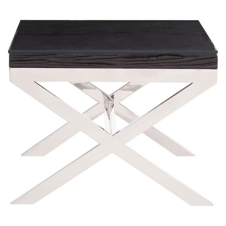 Kerala End Table - Square - Black Glass with Silver Cross Base