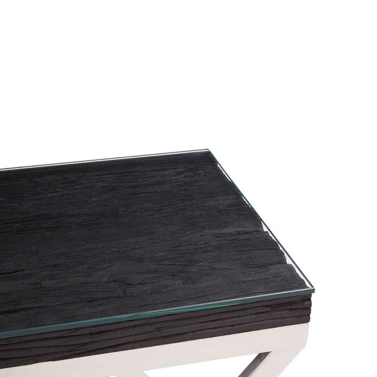 Kerala Side Table - Square - Black Glass with Silver Cross Base