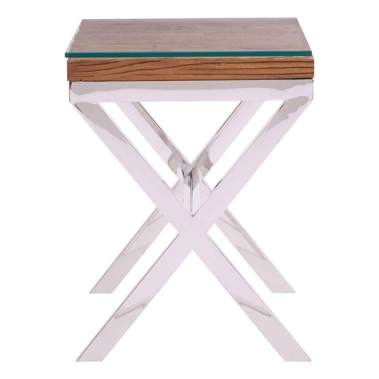 Kerala Side Table - Square - Clear Glass with Silver Cross Base