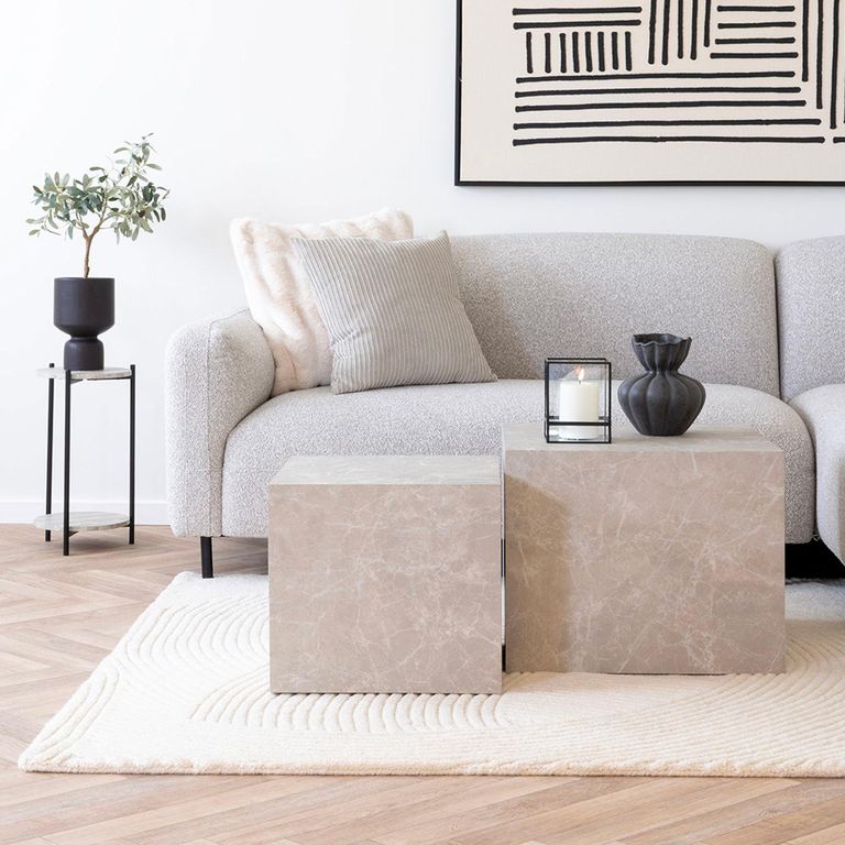 Leuven Side Table - Round - Beige - Marble Effect