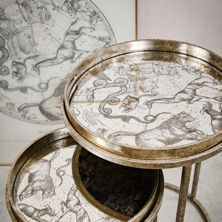 Constellation Map Side Tray Table - Gold Metal - Round - Set of 2