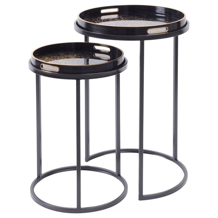Coral Design Side Tray Table - Gold and Black Metal - Round - Set of 2
