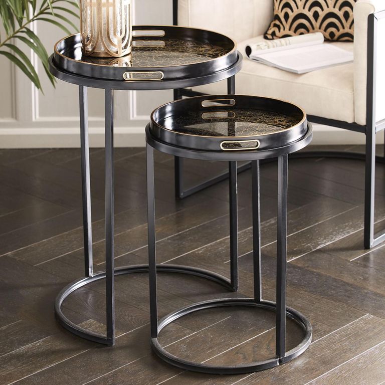 Coral Design Side Tray Table - Gold and Black Metal - Round - Set of 2