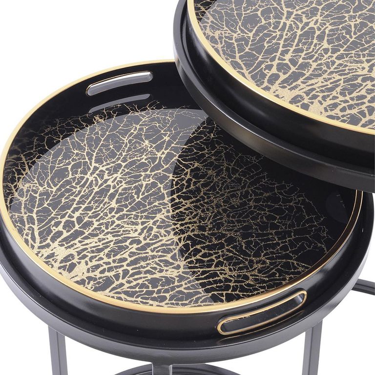 Coral Design Side Tray Table - Gold and Black Metal - Round - Set of 2