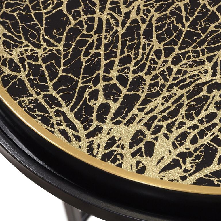 Coral Design Side Tray Table - Gold and Black Metal - Round - Set of 2
