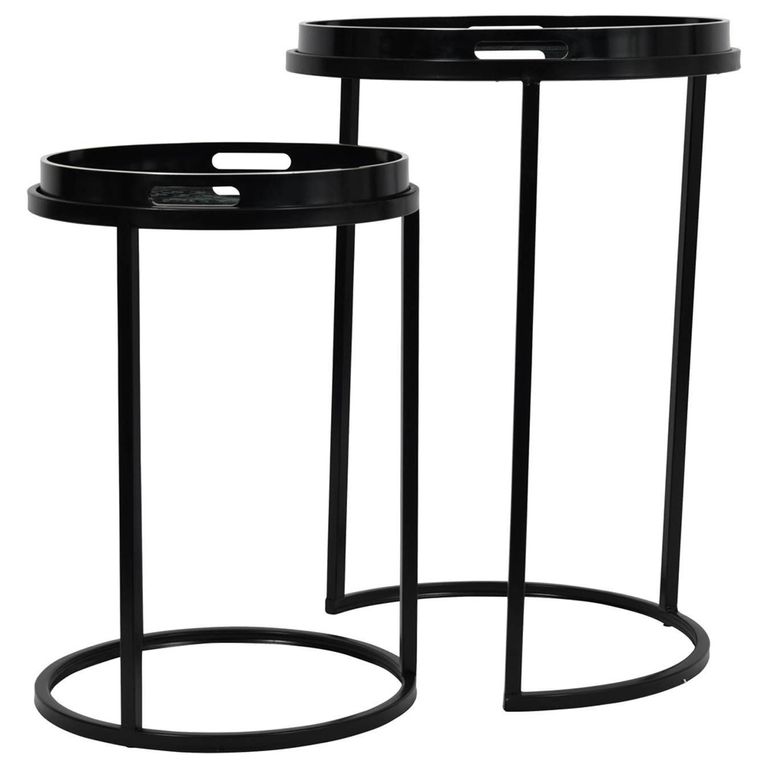 Monochrome Swirl Side Tray Table - Black - Round - Set of 2