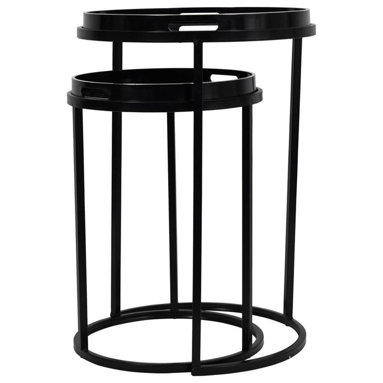 Monochrome Swirl Side Tray Table - Black - Round - Set of 2