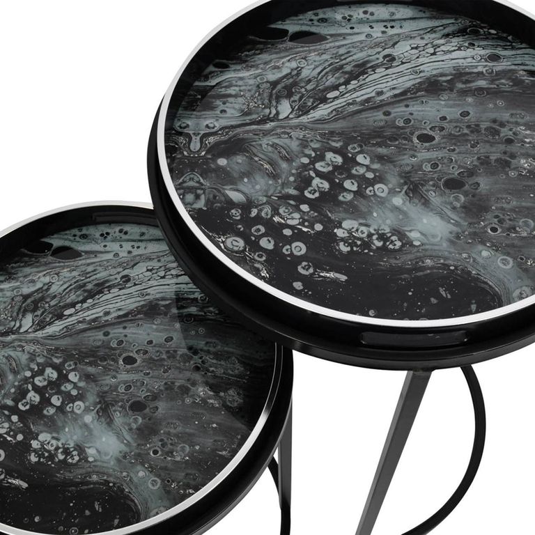 Monochrome Swirl Side Tray Table - Black - Round - Set of 2
