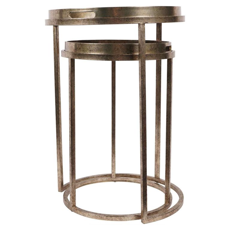 Palm Tree Side Tray Table - Gold Metal - Round - Set of 2