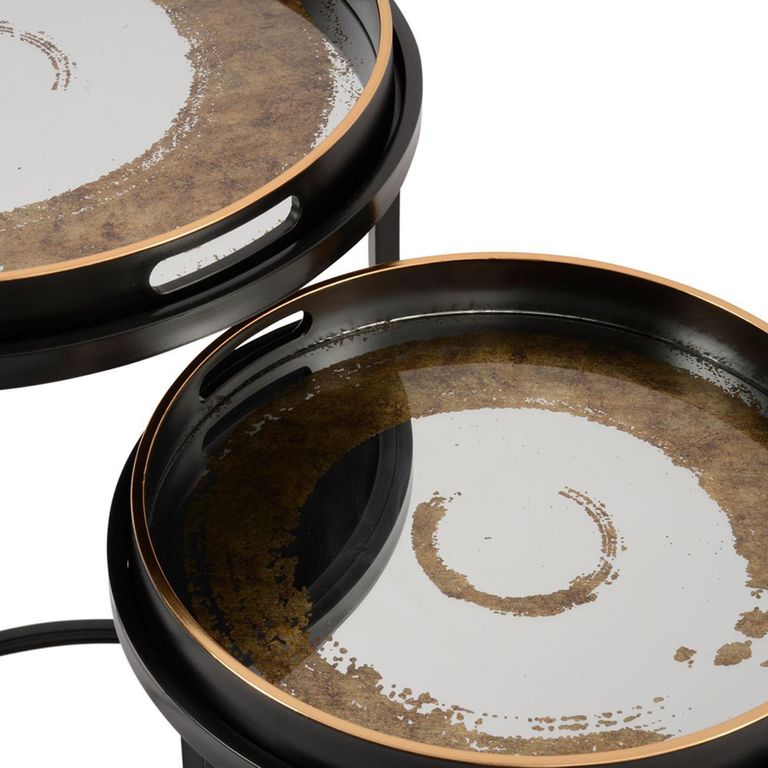 Swirl Side Tray Table - Gold and Black Metal - Round - Set of 2