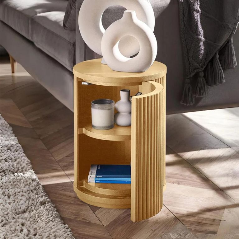 Louis Side Table - 1 Door - Round - Light Oak Effect - Fluted Base