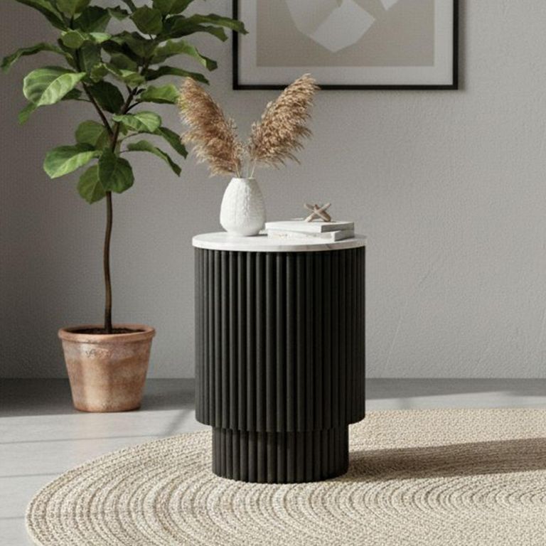 Lucas Black Side Table - 1 Door Round Fluted - White Marble Top