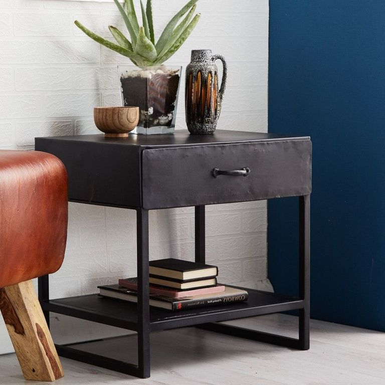 Mateo Industrial Style Black 1 Drawer Lamp Table