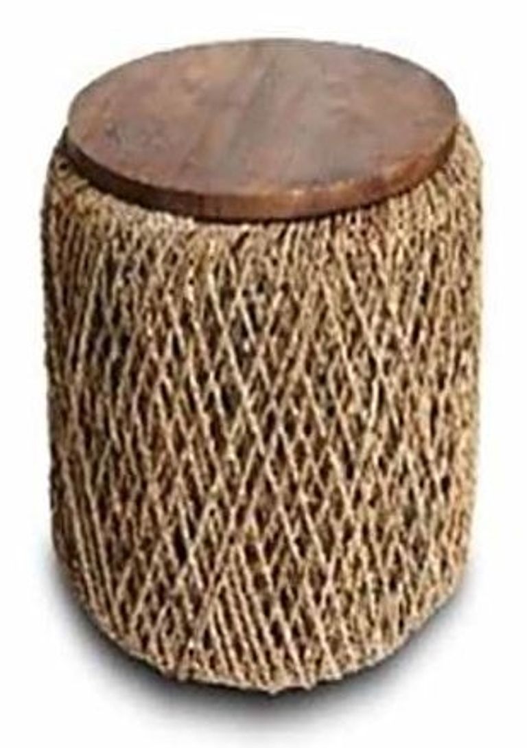 Natural Mindi Wood Round Lamp Table with Weaved Base
