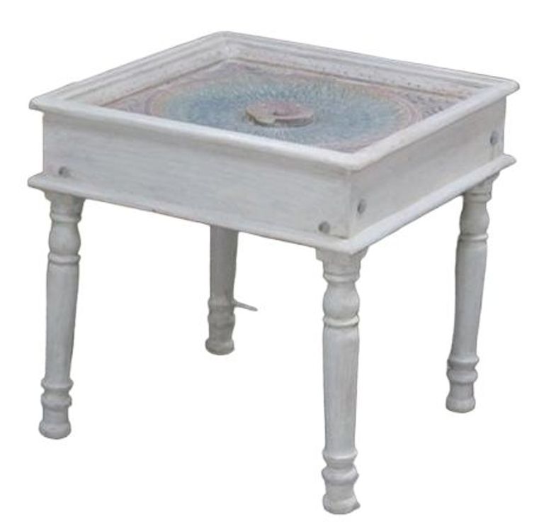 Rewa Hand Painted Carved Glass Top Side Table