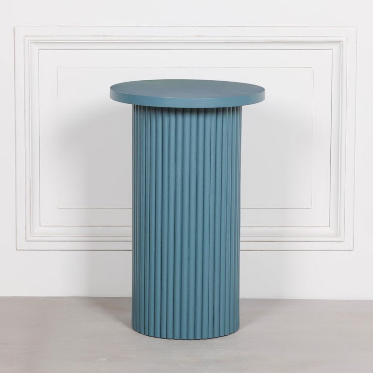 Ribbed Mango Wood Side Table - Ocean Blue - Round - Occasional