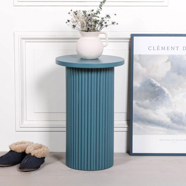 Ribbed Mango Wood Side Table - Ocean Blue - Round - Occasional