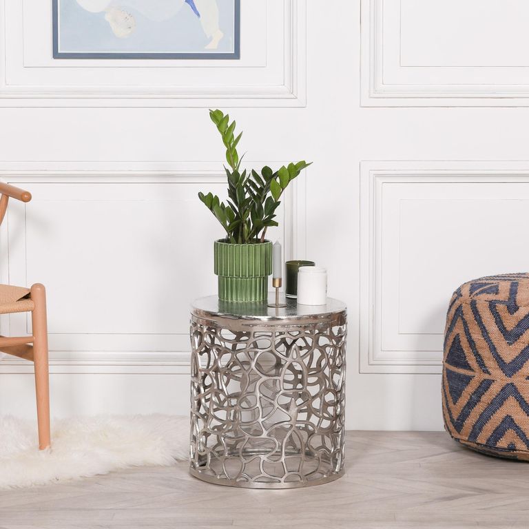 Fretwork Round Side Table - Silver Aluminium