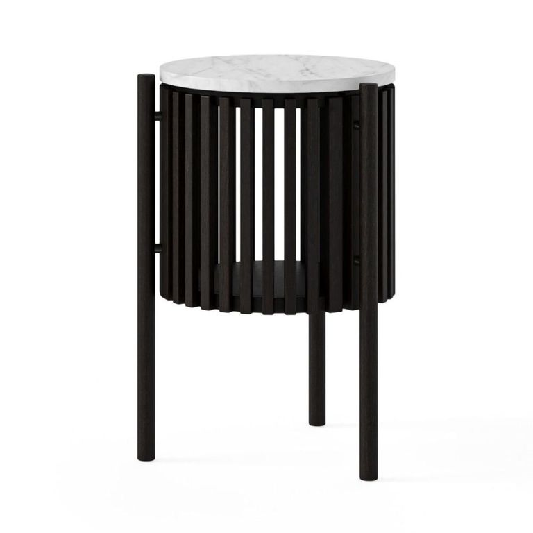 Soho Black Side Table - 1 Door - Slatted Story Round - White Marble Top