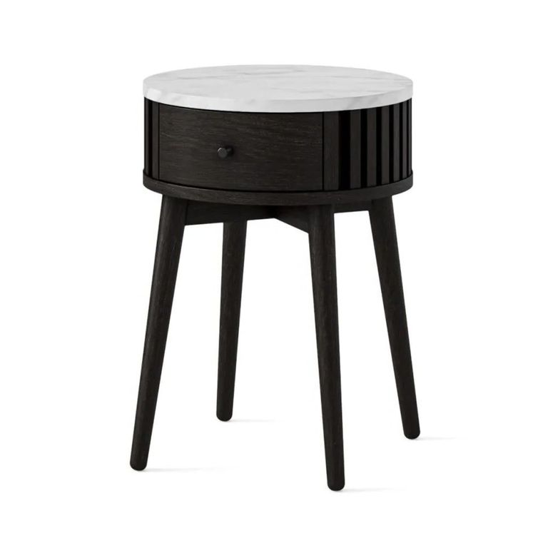 Soho Black Side Table - 1 Drawer - Slatted Round - White Marble Top