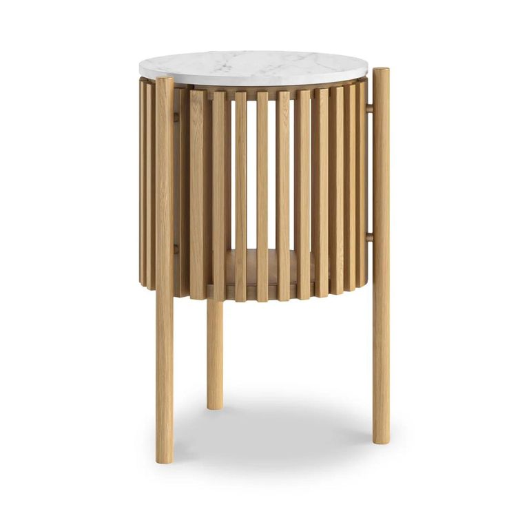 Soho Oak Side Table - 1 Door - Story Round Slatted - White Marble Top