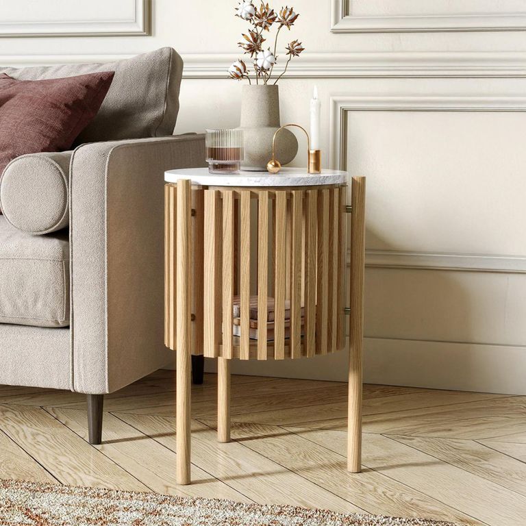 Soho Oak Side Table - 1 Door - Story Round Slatted - White Marble Top
