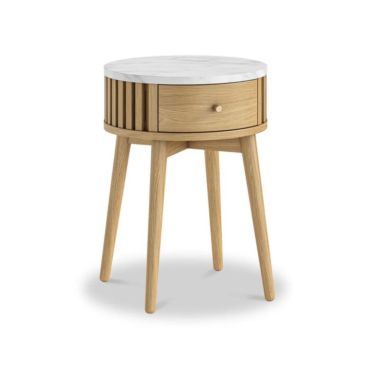 Soho Oak Side Table - 1 Drawer - Round Slatted - White Marble Top
